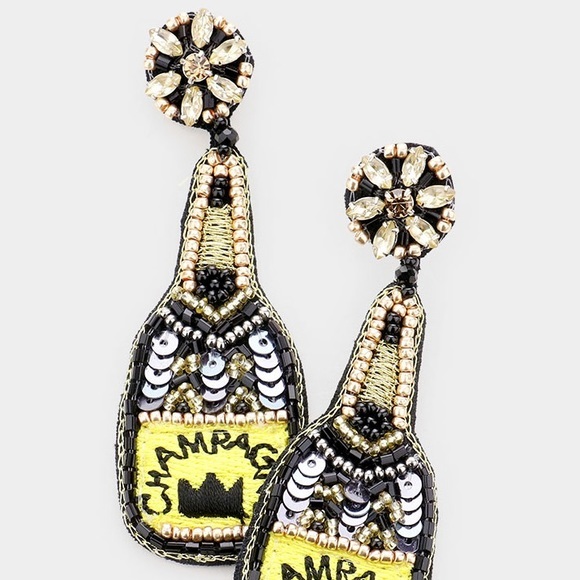 Black yellow gold Champagne bottle fashion fun sequin earrings - Picture 2 of 4